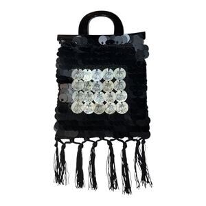 Vintage Mad Bags Black Sequined Mini Pailette Bag Shell Style Discs Dbl Handle